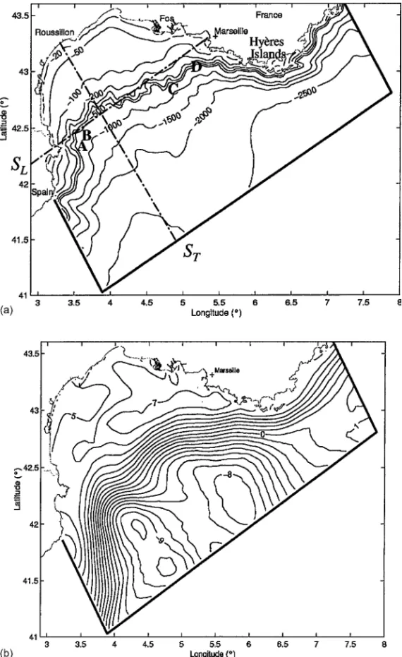 Fig. 1. Bathymetry and initial state of the Reference Forecast for 8 April 1998 at 1930Z