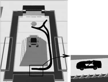 Fig. 5. A path computed by Move3D. The environment is a Mayan city with a pyramid. The car has to make a U-turn in a constrained corridor