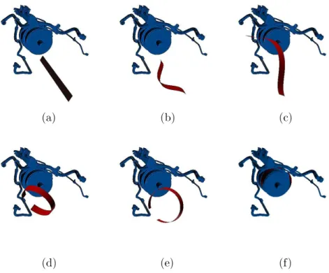 Figure 2: Snapshots along a path omputed by our planner for positioning a metalli belt in a pipe assembly of a ar