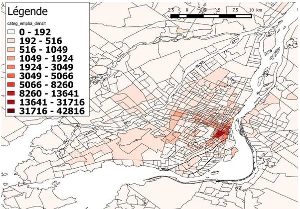 Figure 4.3: Distribution spatiale de la densité, par km², d’emplois de gestion, ENM 2011 