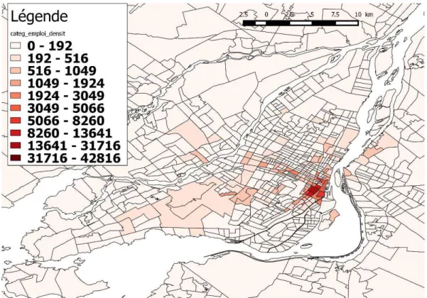 Figure 4.5: Distribution spatiale de la densité, par km², d’emplois de sc. naturelles, ENM 2011 