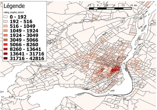 Figure 4.7: Distribution spatiale de la densité, par km², d’emplois d’enseignement, ENM 2011 