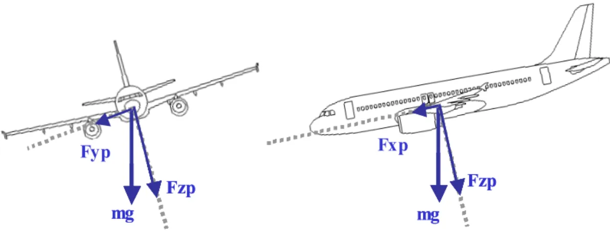 figure 1.10 : Projection de la force de pesanteur dans le trièdre avion. 