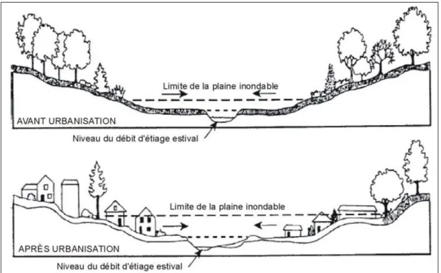 Figure 2.3 Modifications de l’hydrologie du bassin versant causées par l’urbanisation  Adaptée de Schueler (1987) 