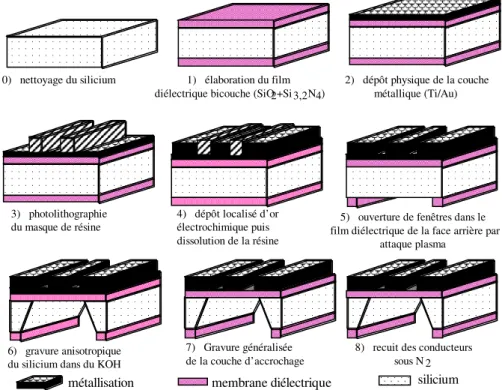 Figure III.20 : Filière par dépôt électrochimique localisé sur membrane diélectrique bicouche 