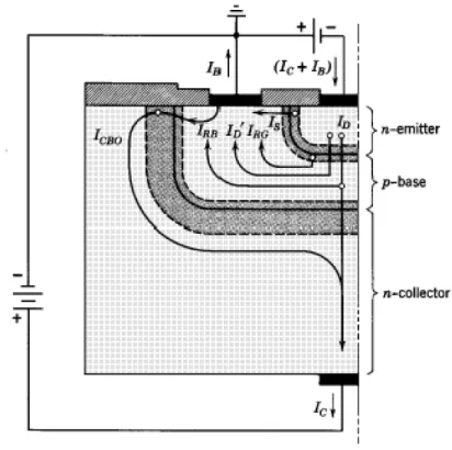 figure 6 : Coupe d'un transistor bipolaire gravé sur substrat silicium, présentant les divers courants de fuite (I RB , I RG , I D' , I S , I CBo ).