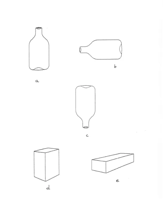 Figure 1. (a) bottle standing up; (b) bottle lying down; (c) bottle upside down; (d)  parallelepiped standing up; (e) parallelepiped lying down 