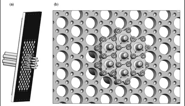 Figure 3.9 : Exemple de fixations des tubes en grappe sur la paroi (a) : Vue de côté de la  plaque entière (b) : vue de dessus sur les dispositifs de fixation 