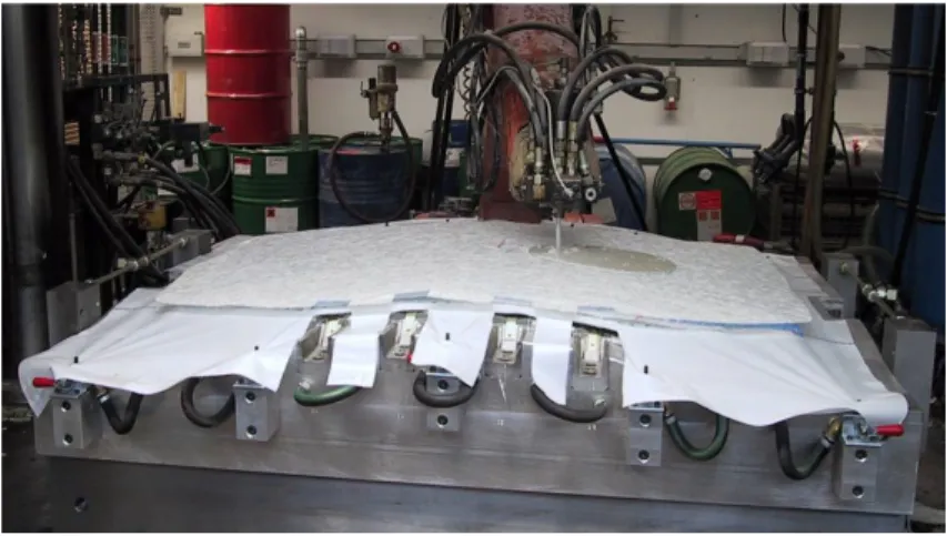 Figure 1-1 : Foam composite processing at Magna. Step 1, pour foam on lower mould [1]