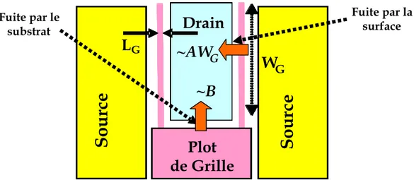 Figure 22 : Représentation des deux courants de fuite entre métallisation de grille et plot de  drain  dans le HEMT SiGe