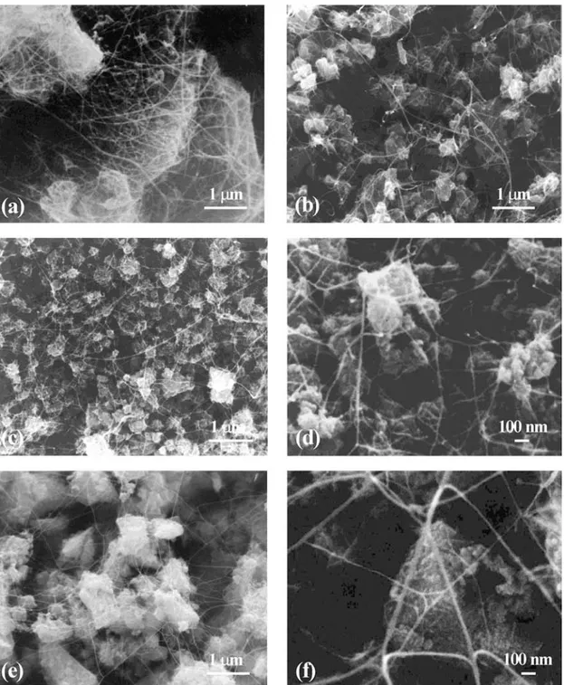 Fig. 1. SEM images of CNT–metal–oxide nanocomposite powders: (a) CNT–Fe–Al 2 O 3 (CMA1); (b) CNT– Fe–Al 2 O 3 (CMA2); (c, d) CNT–Co–MgO (CMB); (e, f) CNT–Fe/Co–MgAl 2 O 4 (CMD).
