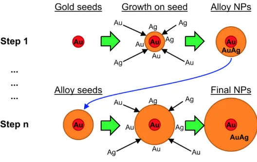 Figure 2.5  Schematic of multi-step Au/Ag alloy NPs synthesis. A ~15nm gold seed is grown to be  Au/Ag alloy NP with Au 3+  and Ag +  ions reduced on the surface of seed