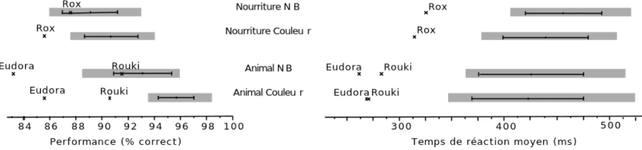 Figure 2.1 : à gauche, précision des singes et des 10 sujets humains dans les deux tâches pour les images en couleur et en NB