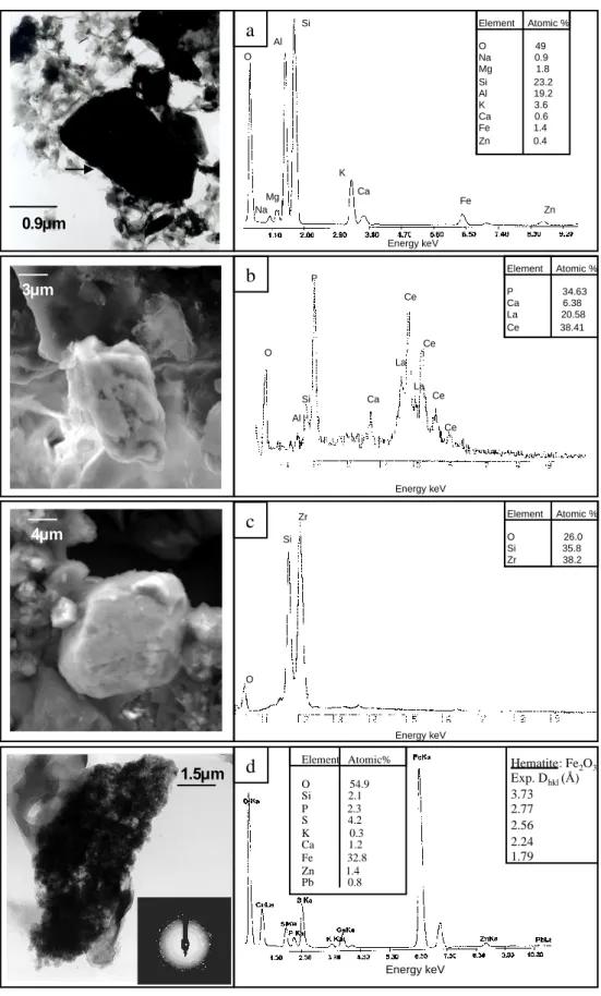 Figure 6. Electron micrographs and corresponding EDX spectra of particles found in 