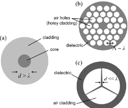 Figure  1.1      Cross-sections  of  (a)  conventional  step-index  fiber  (the  core  has  a  slightly  higher  refractive  index  than  the  cladding),  and  of  two  specific  examples  of  emerging  microstructured  fibers: (b) a photonic crystal fiber