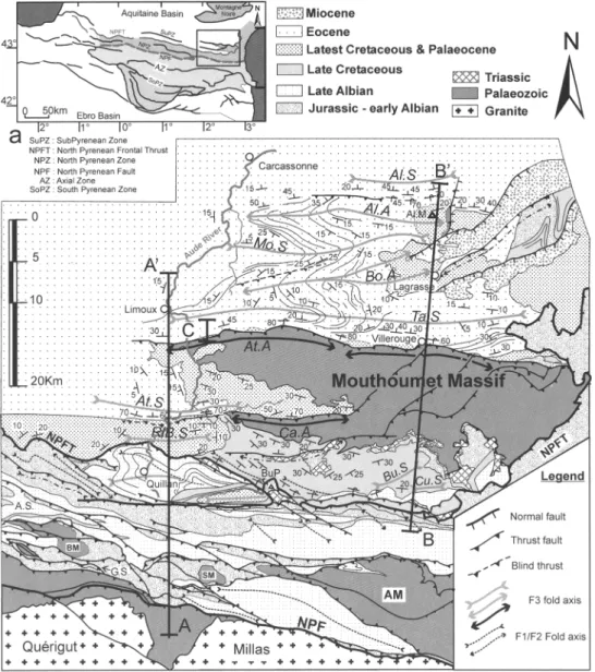 Fig. 1. (a) Location map. (b) Structural map of the studied  area.  AA" and BB" are the cross-sections shown in  Fig