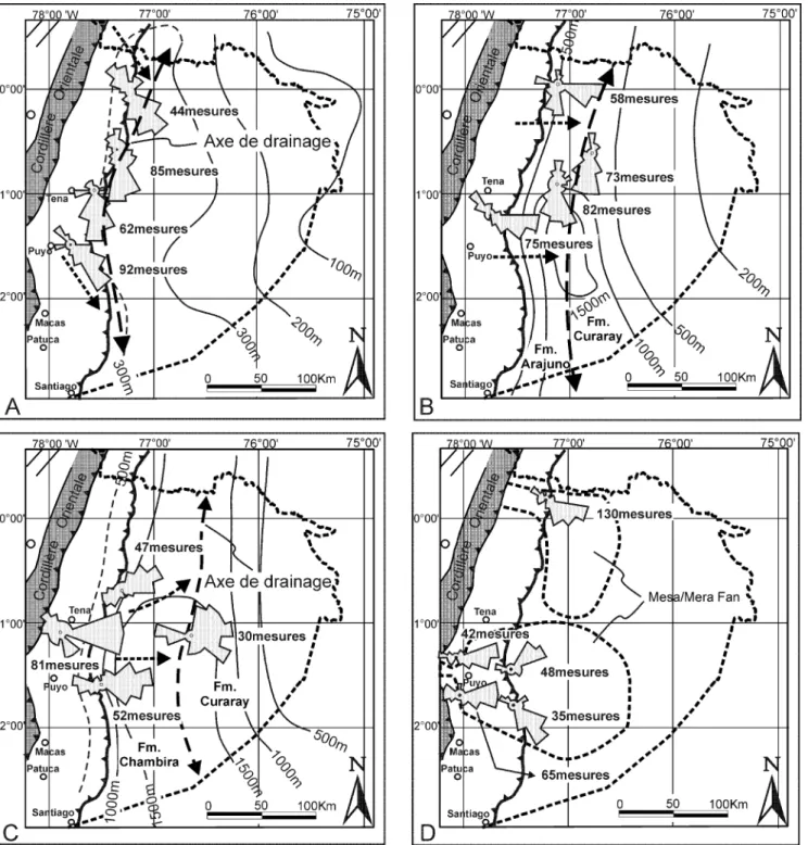 Fig. 3. Cart es de pal éocourant s et i sopaques des format i ons du bassi n subandi n d’Équat eur