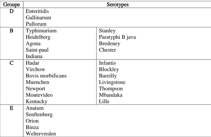 Tableau  1: Sérotypes de  Salmonella le plus fréquemment isolés de la volaille 