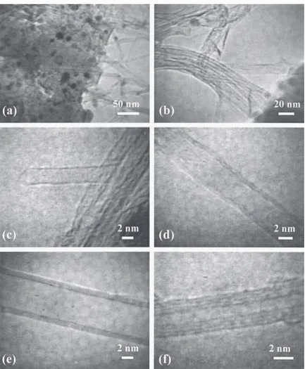 Fig. 5. TEM (a, b) and HREM (c, f) digital images of the CA1 (a, b, d–f) and CA4 (c) powders.