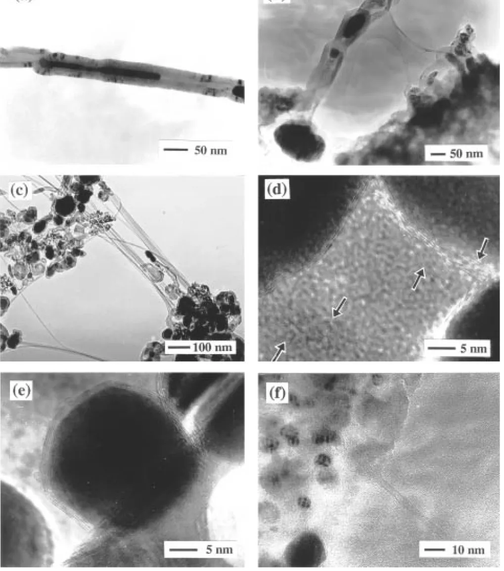 Fig. 6 TEM (a–c) and HREM (d–f ) images showing di fferent forms of carbon revealed in the nanocomposite powders: thick tube in the C400/900 powder (a); thick, short filament in the C400/R1000 powder ( b); bundles of nanotubes in the C400/900 powder (c); f
