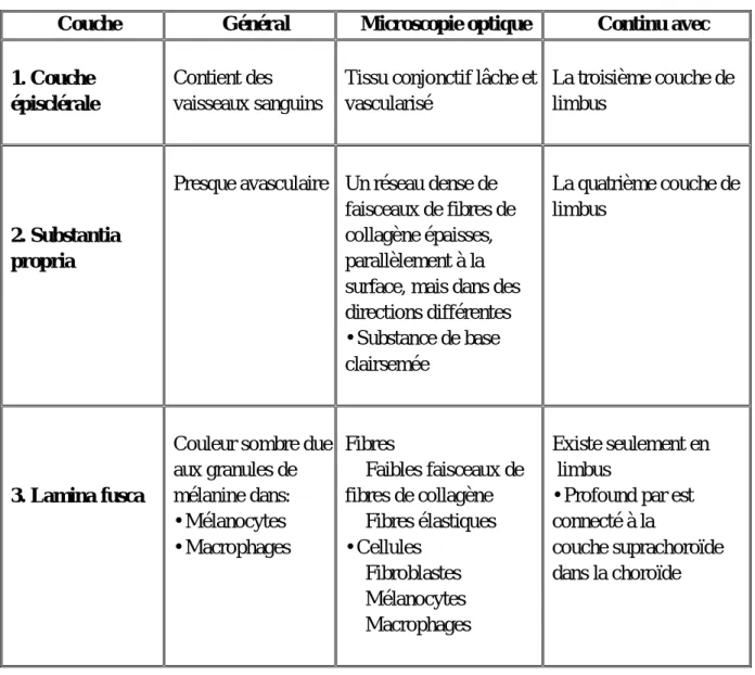 Tableau 5: Les couches de la sclérotique (Karnov et al., 2017).