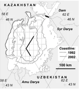 Fig. 2. T/P ground tracks over the Aral Sea (bold black line: data used) and EASE–grid pixels used (delimited by bold gray line)