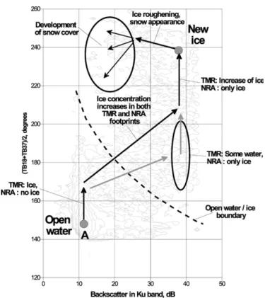 Fig. 7. Schematic representation of the temporal evolution of T/P observations during winter in the space of backscatter versus TB/2
