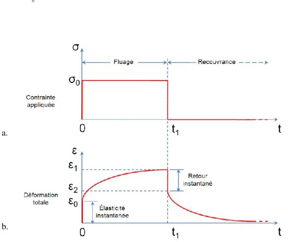 Figure  1.2  Schéma  du  comportement  d’un  matériau  viscoélastique  linéaire  lors  d’un  essai  de  fluage-recouvrance