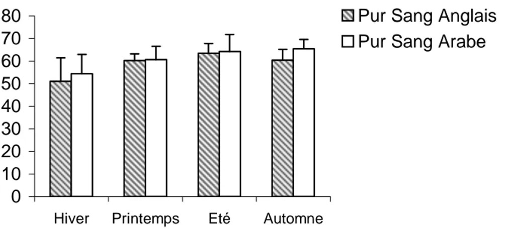 Tableau n°5 : Variations saisonnières de l’albuminémie (g/l)                                          Race                                                        Saison   Pur-sang anglais   (moyenne ± écart type) (g/l)                  Pur-sang arabe  (moy