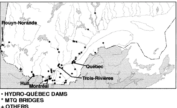 Figure 2.1: Localisation des structures routières et hydrauliques affectées par la RAG au Québec  (Bérubé et al