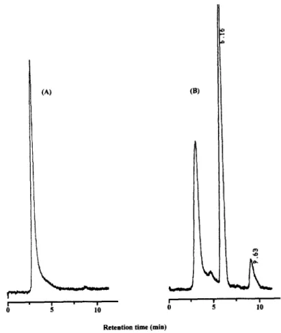 Fig.  2.  Chromatograms of plasma extracts.  (A) Blank  human  plasma,  (B)  human plasma spiked with  10 ng/ml  of megazol  and  500  ng  of  tinidazol