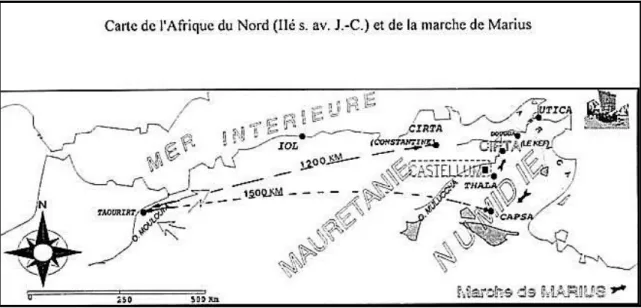 Figure 32: La marche problématique de Marius à travers tout le Maghreb (IIe s. av. J. -C.)       source: Lionel R