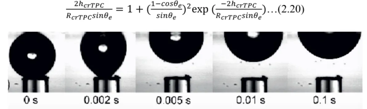 Figure 2.13 Sequence of photos showing the bubble adhesion on a horizontal plane: the  evolution of TPC line as a function of time (Vachova et al., 2013)