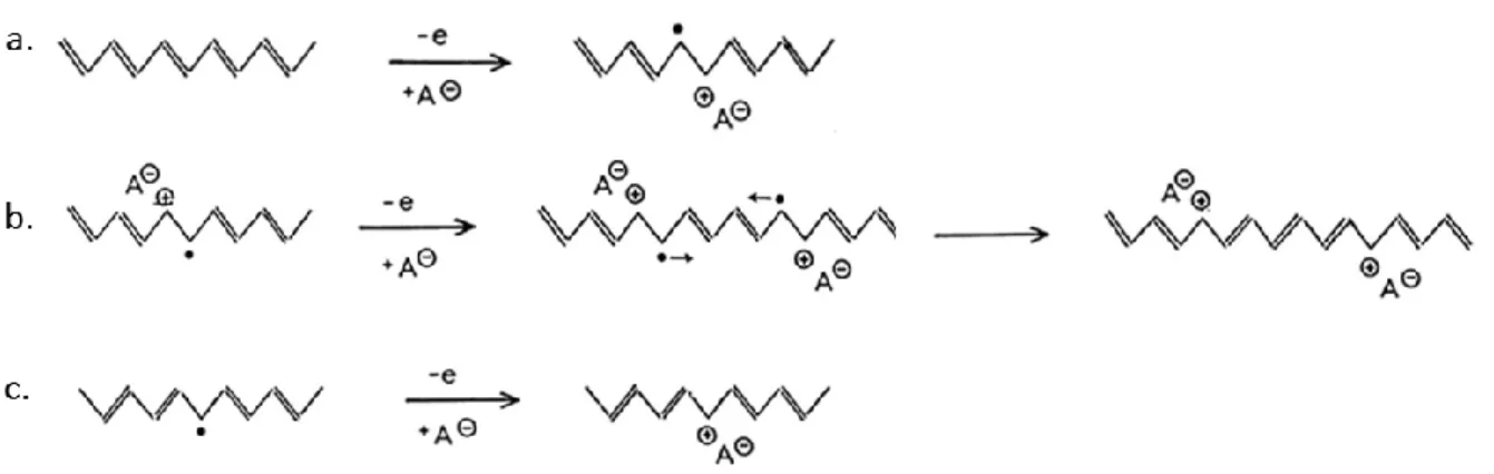 Figure 2.3: Schematic of conductive mechanism in polyactylene with an oxidative dopant (taken  from Ref