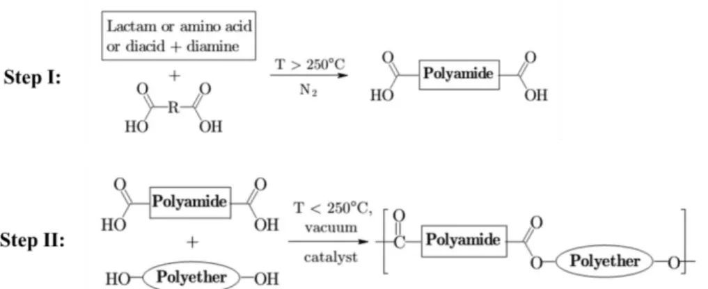 Figure  2.9:  Synthesis  of  ester-linked  PEBA  copolymers  through  the  two-step  thermal  polymerization (taken from Ref