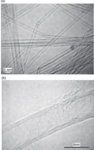 Fig. 1 Transmission electron microscopy image showing single-wall carbon nanotubes either isolated or in bundles (a) and showing a threewall carbon nanotube (b) ; these tubes have been prepared by the catalysis method in the present authorsÏ laboratory (se