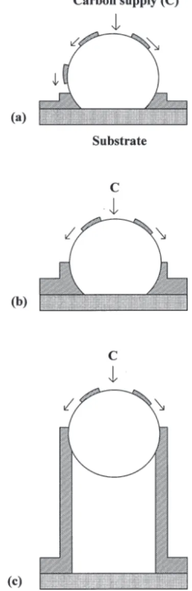 Fig. 4 Schematic illustration of tubular Ðlament growth by a cata- cata-lytic e†ect : (a) an association of metal and hydrocarbon nucleates and di†uses on the clean Fe particle surface and eventually dissociates at the contact angle between the particle an