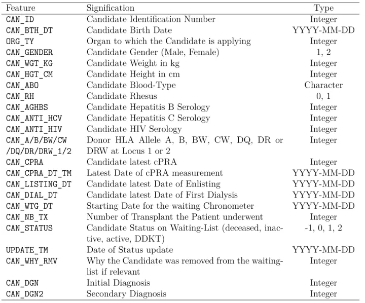 Table 5.2 Features of the patient file.