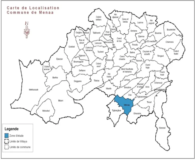Fig n°6. Localisation de la commune de Ménâa dans la wilaya de Batna. E :1/200000 