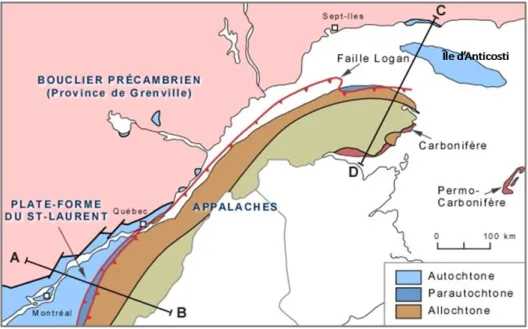 Figure  ‎ 5.1: Carte simplifiée des limites géographiques des Basses-Terres du Saint-Laurent et des  grands ensembles géologiques du Québec (d'après Bourque &amp; ULaval, 2004).