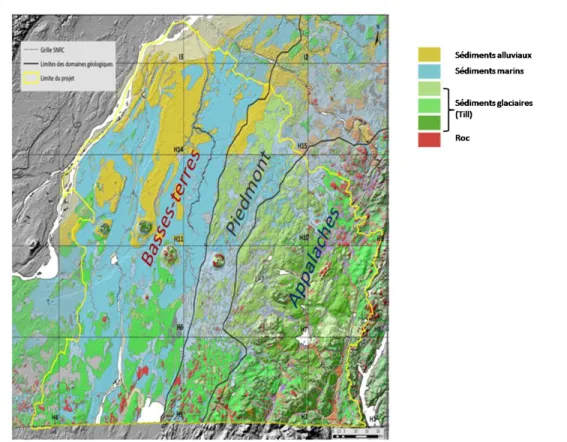 Figure  ‎ 5.4: Carte géologique de surface du contexte géologique Quaternaire de la Montérégie-Est  (d’après Dubé-Loubert et al., 2011)