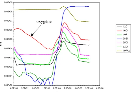 Figure 35 : Analyse SIMS d’un échantillon d’or électrolytique après gravure au plasma oxygène