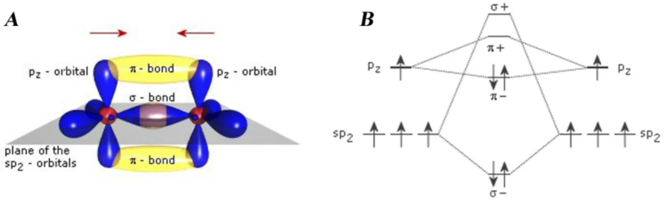 Figure 2.2. (A) Illustration of π bond and σ bond, and (B) the energetic difference of the π bond  and the σ bond, in Trans-Polyacetylene 16 