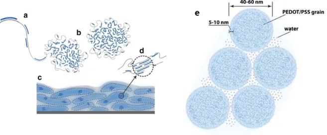 Figure  2.7.  Commonly  described  microstructure  of  PEDOT:PSS  (a)  PEDOT  synthesis  on  PSS  template,  (b)  formation  of  colloidal  gel  particles  in  dispersion  and  (c)  resulting  film  with  PEDOT:PSS-rich (blue) and PSS-rich (grey) phases