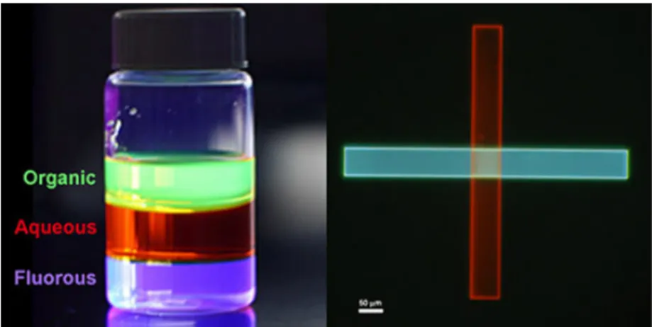 Figure  2.10.  The  immiscibility  of  fluorous,  aqueous,  and  organic  liquids  (shown  above,  left)  enables  patterning  of  two  overlapping  stripes  of  light-emitting  polymers,  with  the  use  of  a  fluorinated photoresist (shown above, right)