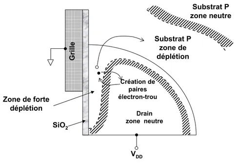Fig. 1.2 – Mécanisme de formation du courant de fuite GILD dans la zone