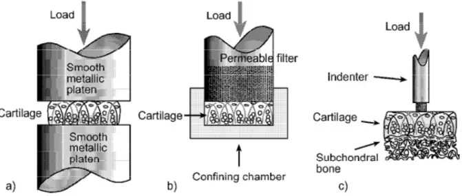 Figure 2.4: Unconfined, confined and indentation loading geometries for testing the mechanical  properties of articular cartilage (Korhonen, 2003)