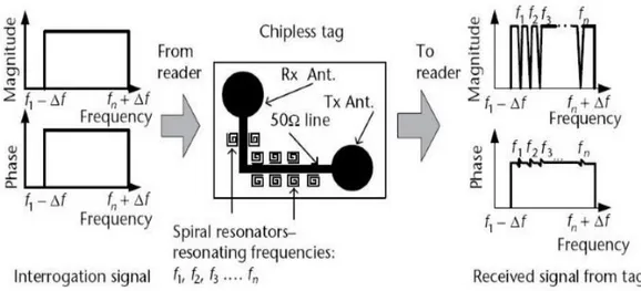 Figure 2.1. Structure and operation of a typical chipless tag encoded in the frequency domain [3]
