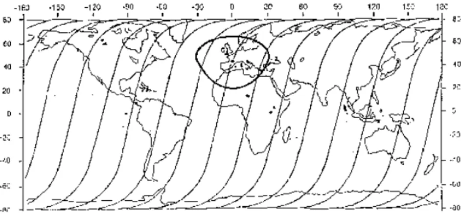 Fig. 5.3 – Traces au sol d’un satellite SPOT sur une journée