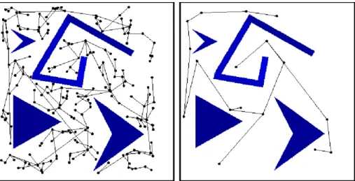 Figure 2.7: Deux graphes issus du mˆ eme ´ echantillonnage: PRM classique ` a droite et visibilit´ e PRM ` a gauche.